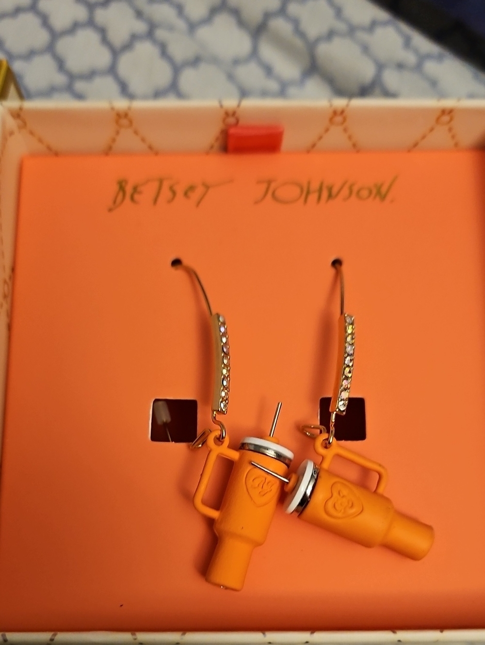 Betsey Johnson Gold-Tone Hoop Earrings with Orange Charm Accents